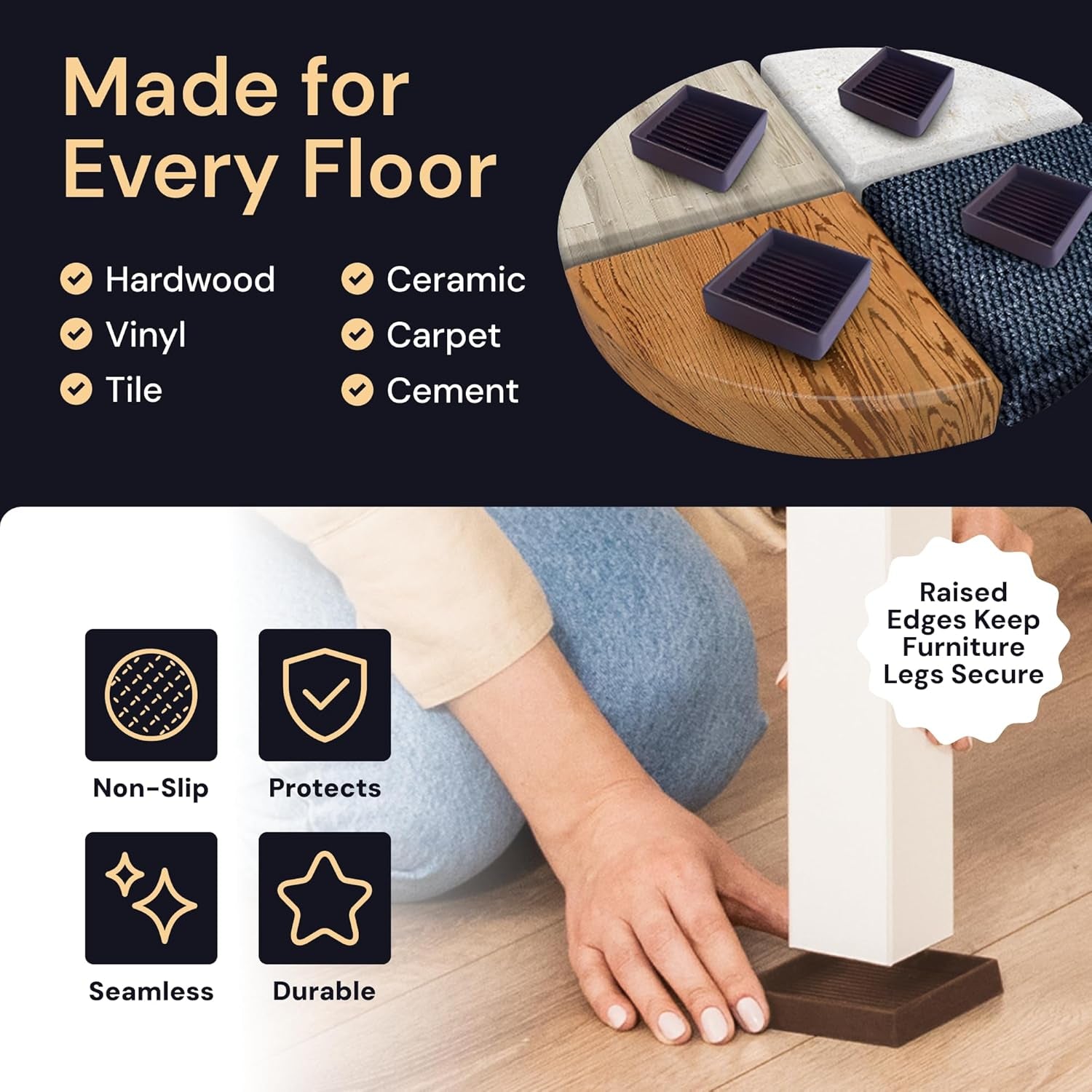 3X3 Square Rubber Furniture Caster Cups with Anti-Sliding Floor Grip (Set of 4) Brown