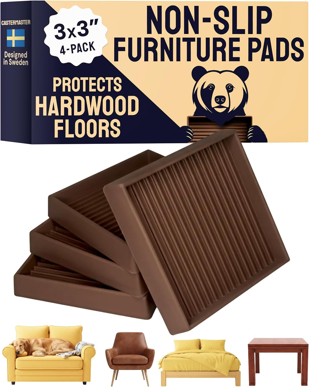 3X3 Square Rubber Furniture Caster Cups with Anti-Sliding Floor Grip (Set of 4) Brown