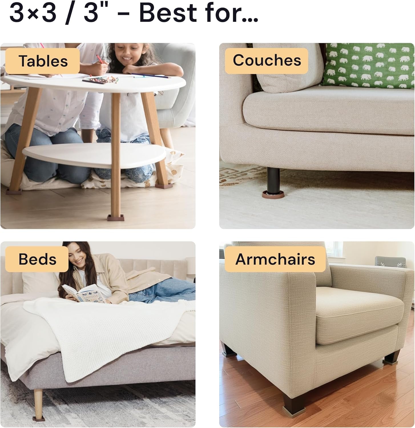 3X3 Square Rubber Furniture Caster Cups with Anti-Sliding Floor Grip (Set of 4) Brown